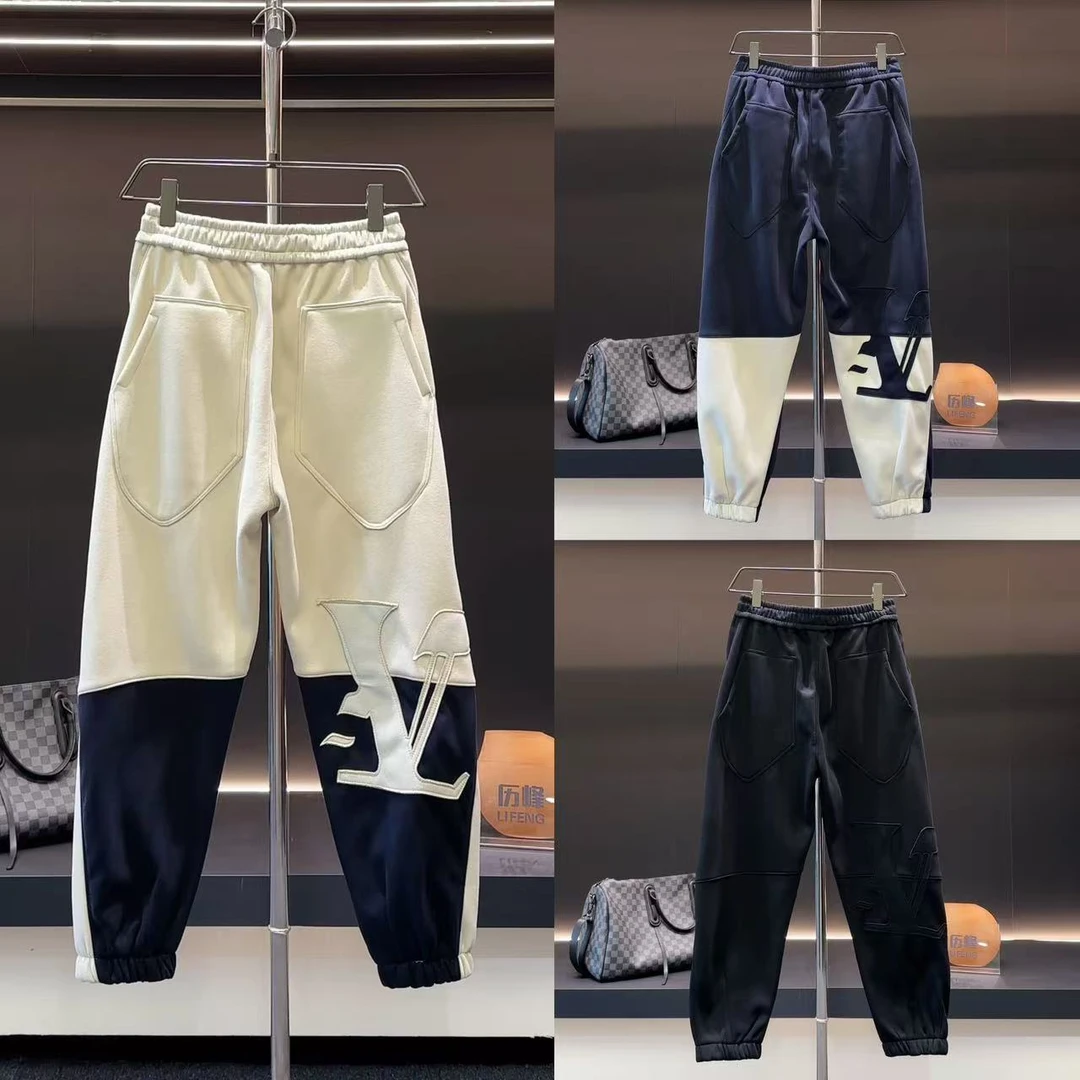 小众潮流撞色拼接秋冬季加绒保暖时尚百搭男士松紧腰束脚休闲裤