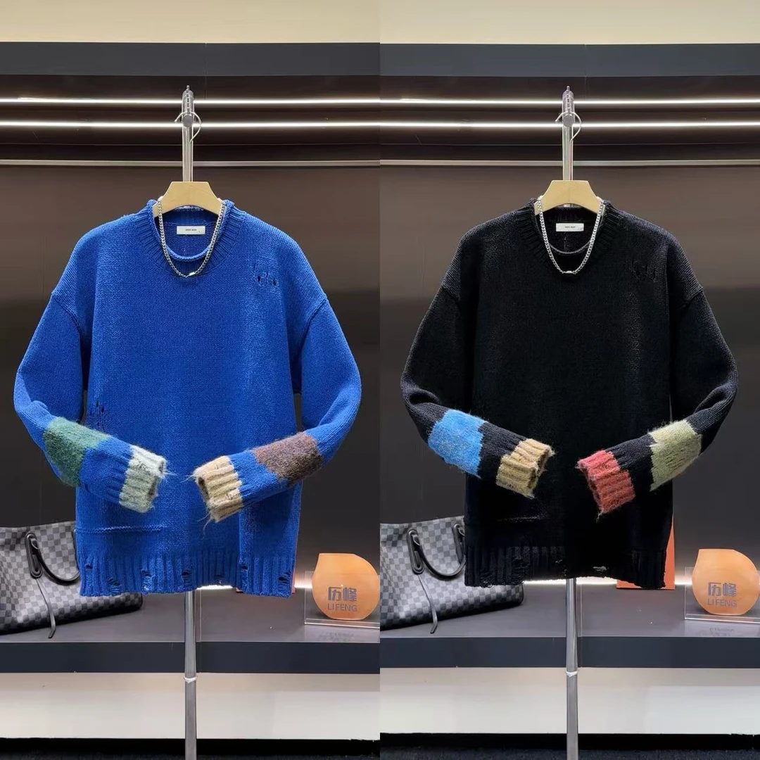 简约撞色高级感慵懒风秋季情侣同款显白个性破洞日常圆领针织毛衣