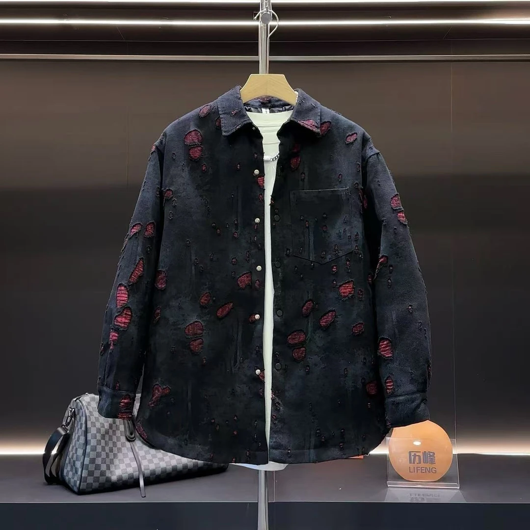 小众个性百搭宽松时尚破洞设计感男士冬季新款夹棉保暖翻领夹克