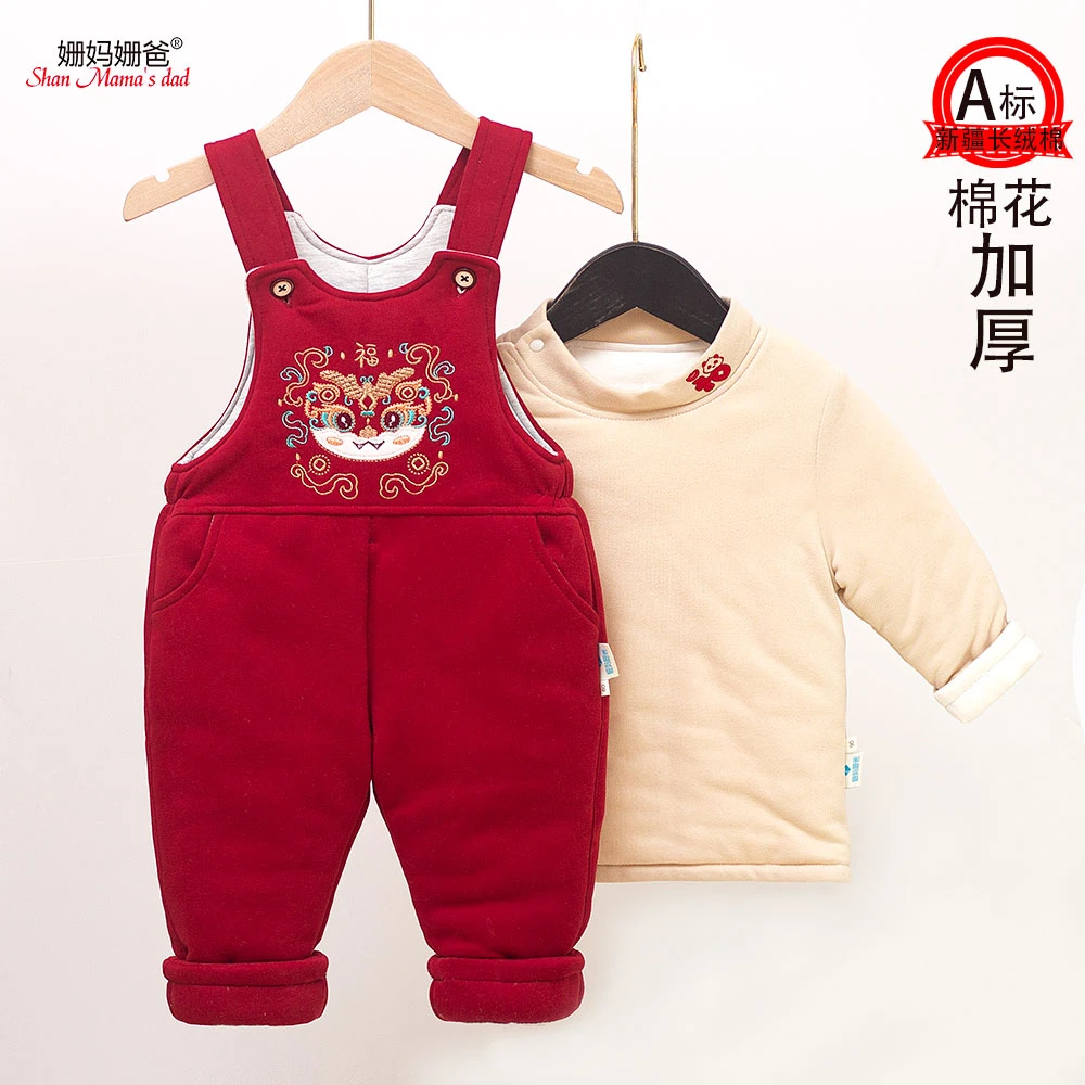 姗妈姗爸宝宝背带裤棉裤加棉加厚年装手工棉花中国红棉裤婴儿棉裤