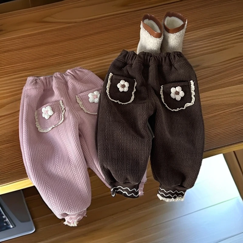 2024冬款女童加绒加厚束脚休闲长裤子女宝宝外穿大棉裤保暖裤刺绣