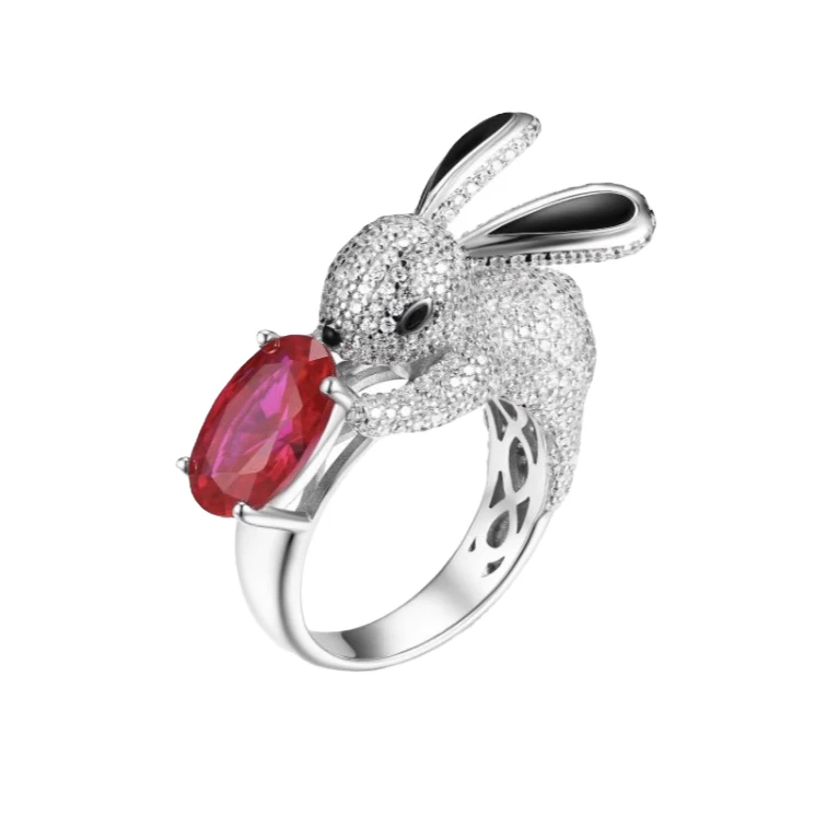 非金属合成锆石戒指 RICHSUE 红色精致红色兔子戒指 s925银镀金