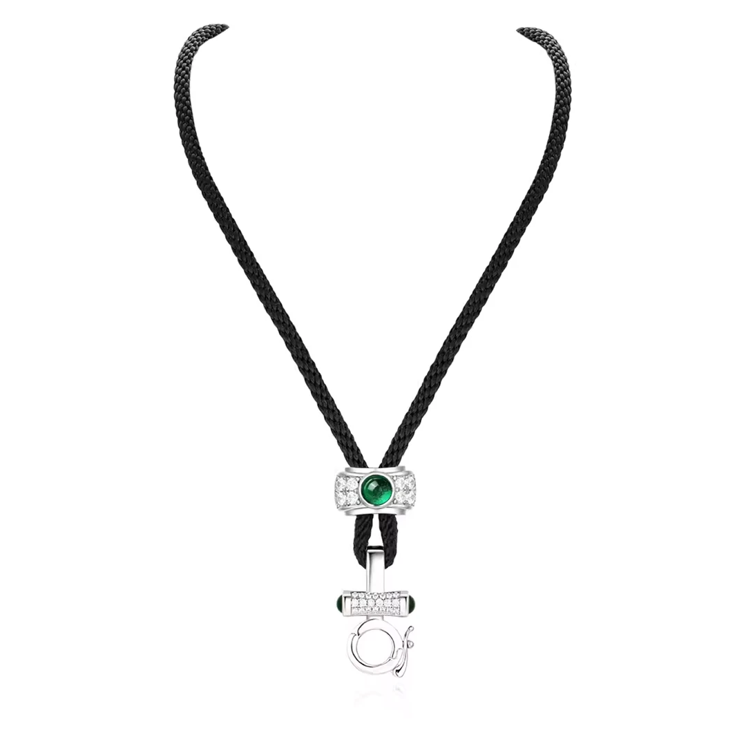 非金属合成锆石项链 RICHSUE 绿色黑绳百搭链·s925银镀金 时尚