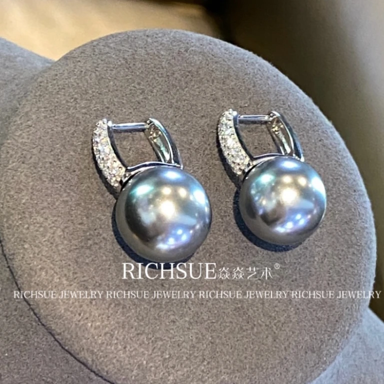 非金属合成锆石耳饰 RICHSUE 法式耳环珠 s925银 直径14mm·灰色