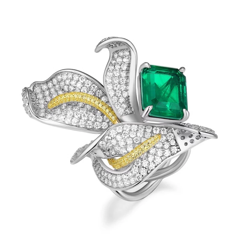 非金属合成锆石戒指 RICHSUE 绿色花朵戒指 s925银镀金 轻奢高级