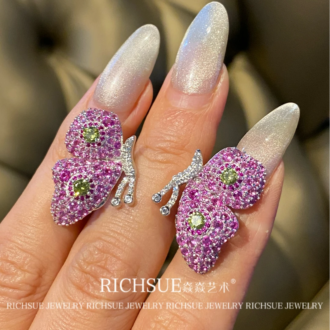 非金属合成锆石耳饰 RICHSUE 繁花粉色蝴蝶耳环s925银艺术精致