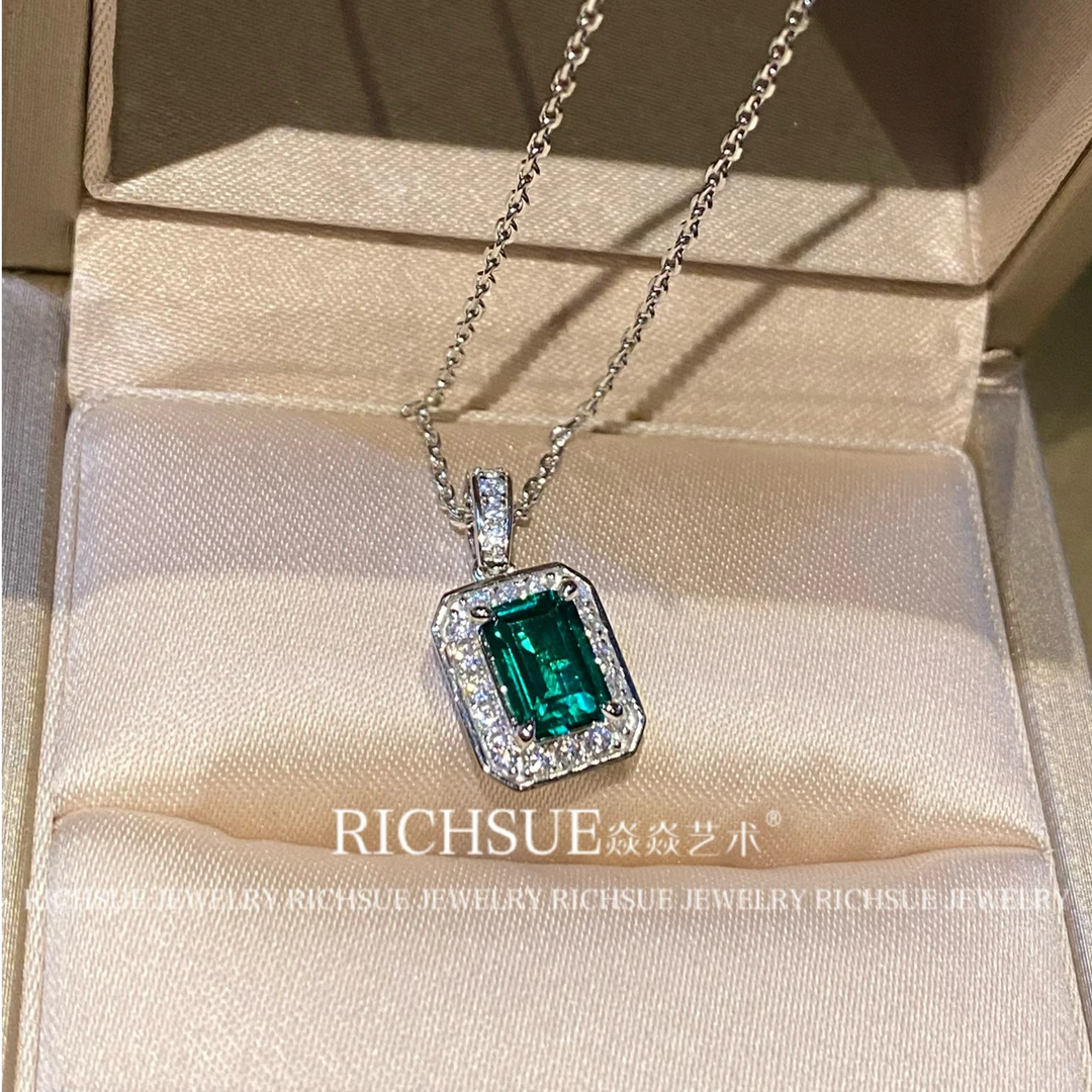 非金属合成锆石项链 RICHSUE 经典绿色方形项链 s925银镀金 日常
