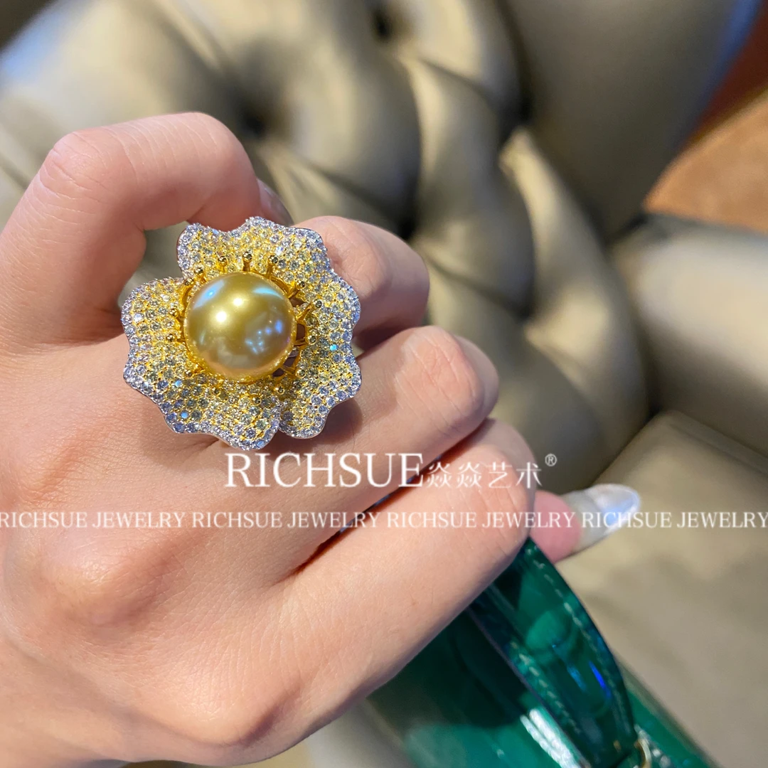 非金属合成锆石耳饰 RICHSUE 金色珠花朵戒指 轻奢高定 s925银