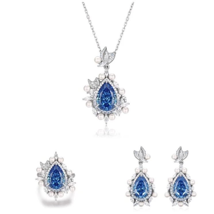 非金属合成锆石项链 RICHSUE 珠珠蓝水滴耳环s925银镀金 设计轻奢