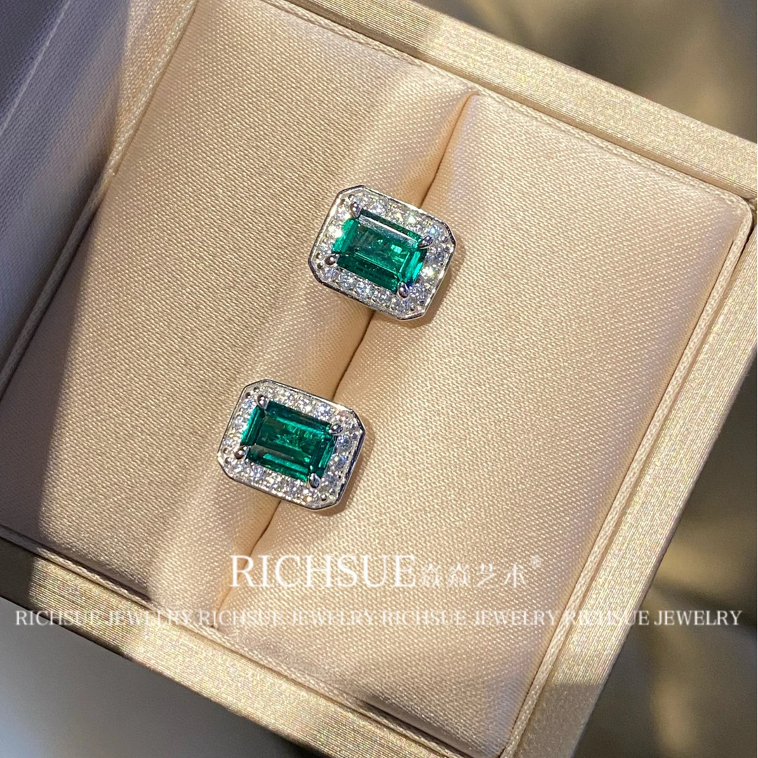 非金属合成锆石耳饰 RICHSUE 经典绿色耳钉 s925银镀金  日常精致