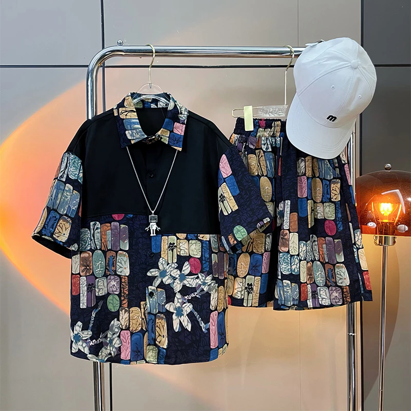 黑米妈2024男童夏季套装衬衫+裤子两件套痞帅儿童中大童新款童装