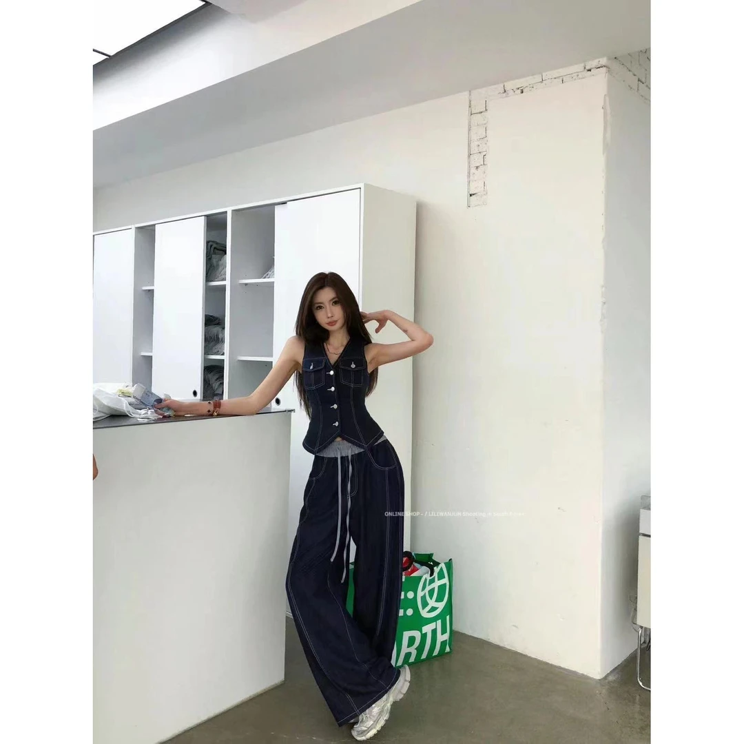 婉君【苎麻牛仔马甲】韩版复古V领单排扣无袖背心马甲LWJ24B2TZ1327