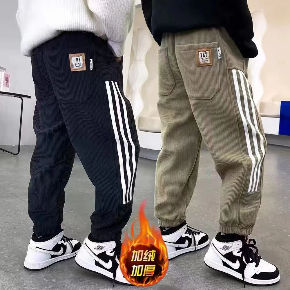 灯芯绒运动裤子秋冬款加厚男童裤中大男童一体绒保暖棉裤休闲长裤