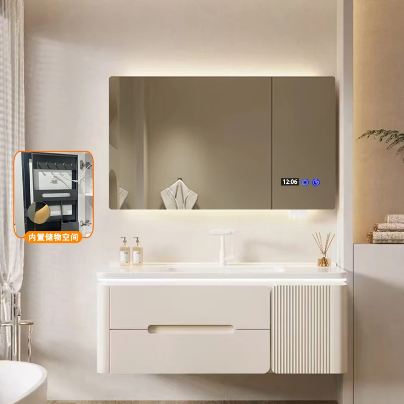 【精选联盟】陶瓷圆角一体盆奶油风浴室柜组合智能橡木洗漱台卫生间