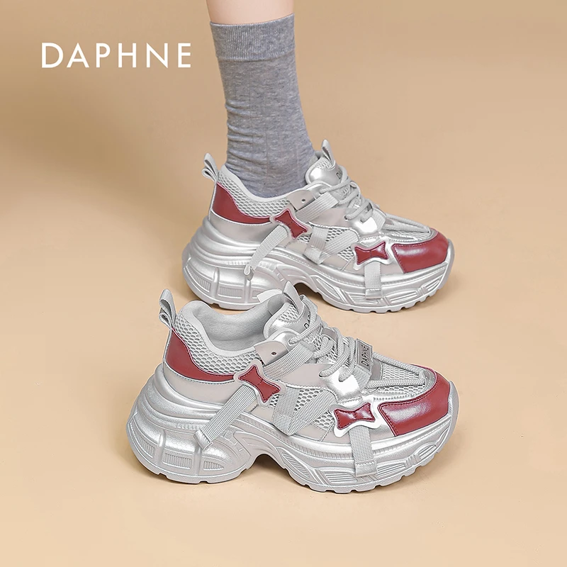 达芙妮2025新款爆款真皮安格拉红配色时尚百搭小众厚底老爹鞋