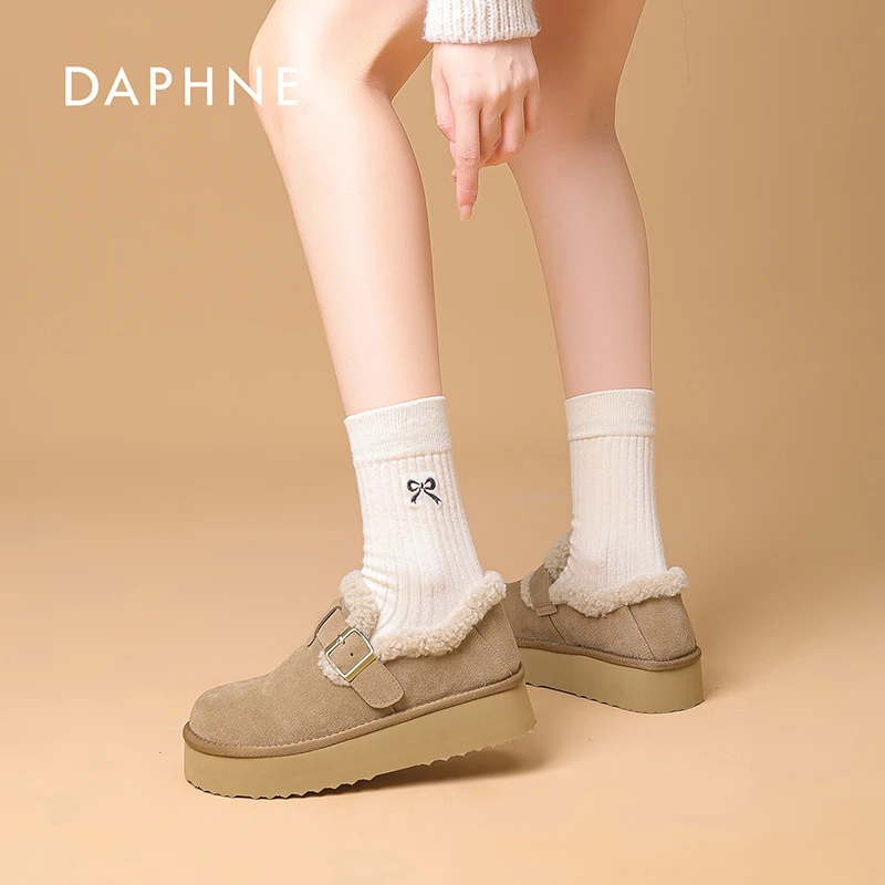 达芙妮雪地靴2025冬季新款真皮加绒保暖棉鞋面包厚底时尚勃肯鞋