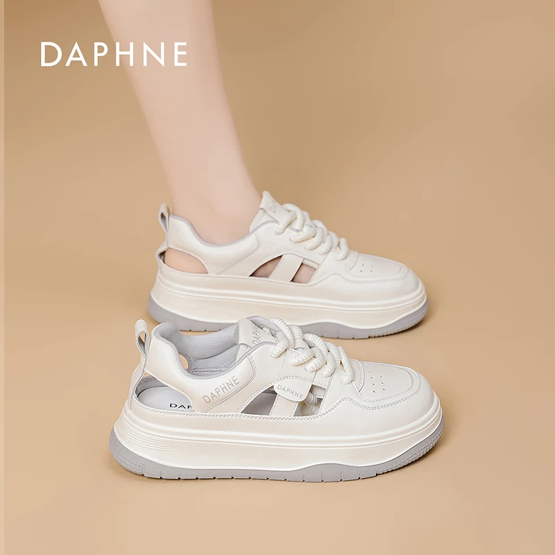 达芙妮镂空透气小白鞋女2025夏季新款真皮软底舒适运动休闲鞋