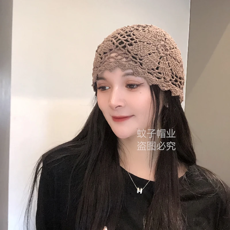 帽子女网眼透气花朵帽手工编织针织帽优雅气质遮白发包头帽民族风