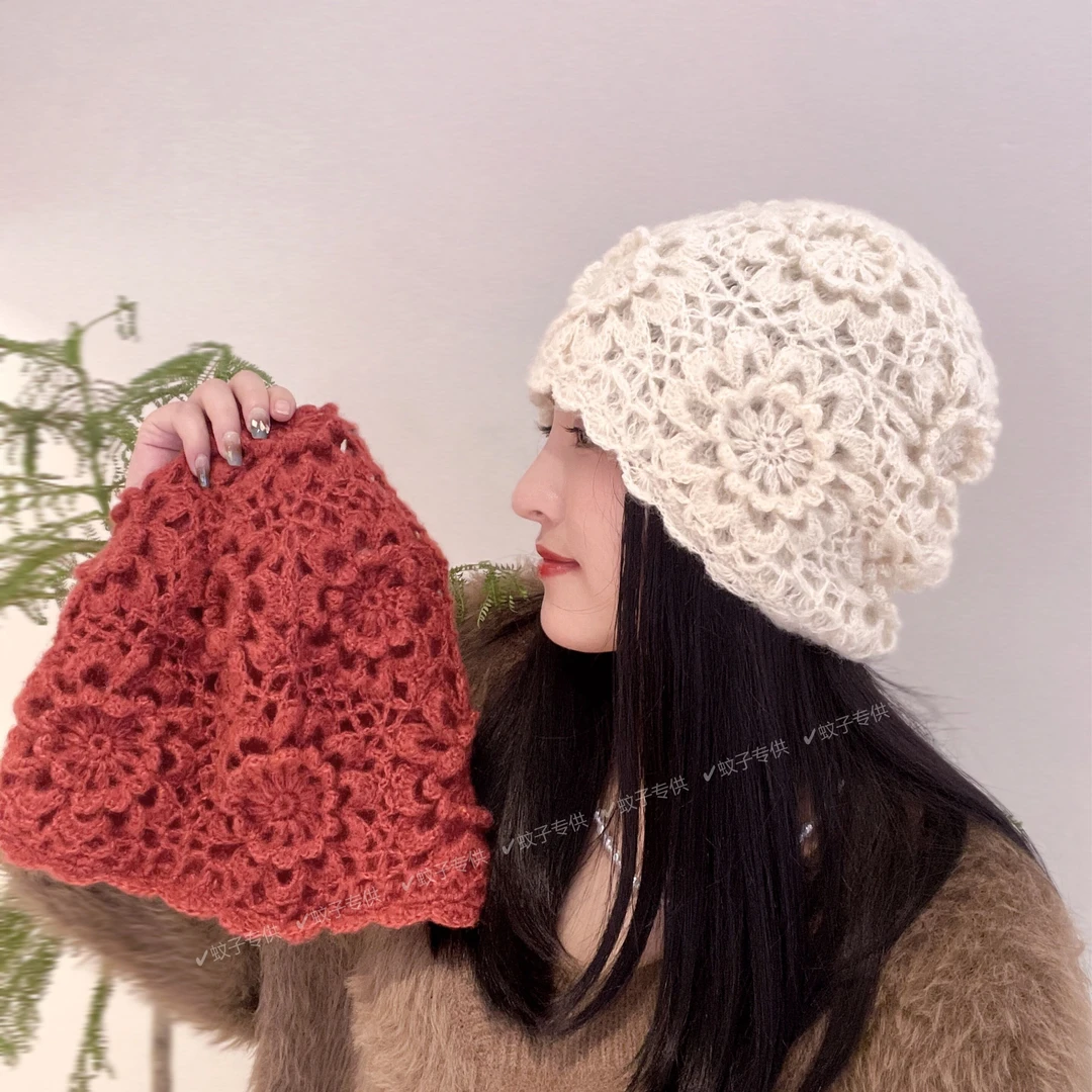 韩版保暖复古百搭优雅时尚手钩花双层贝雷帽包头手工针织毛线帽子