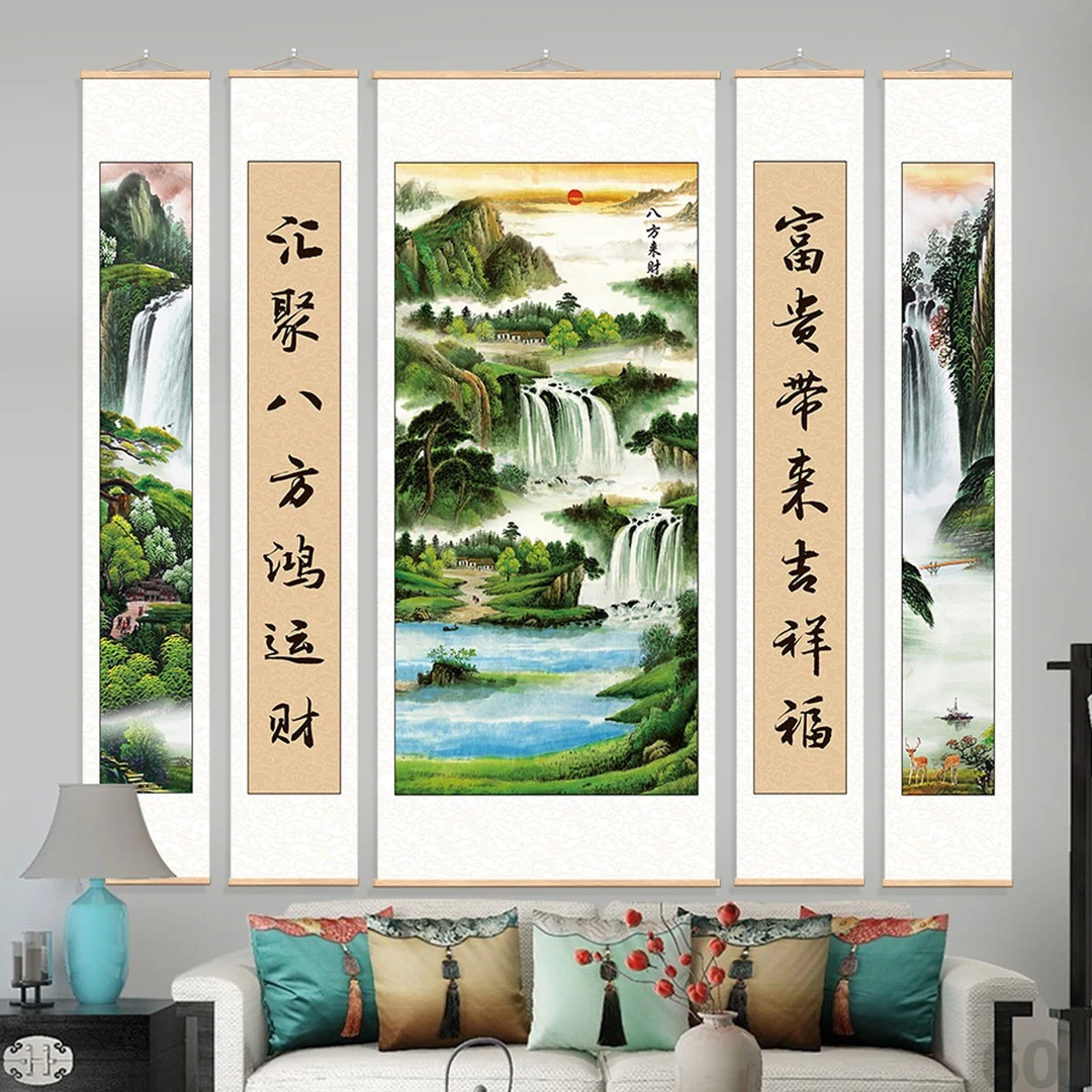 国画中堂山水风景对联五联办公室字画客厅装饰画农村堂屋卷轴挂画