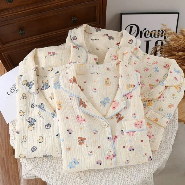 A类全棉新款女士双层棉纱精梳棉柔软舒适长袖纯棉家居服套装宽松