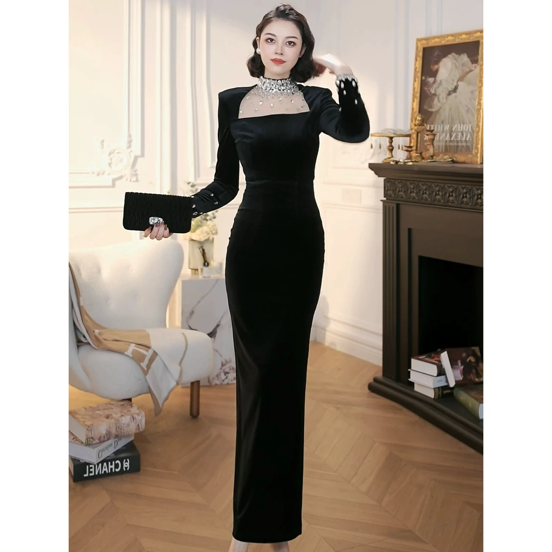 XUANYAN 轻奢设计重工钉珠气质黑色长款高级感礼服连衣裙