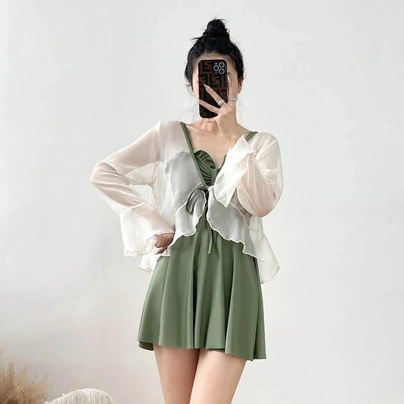 【茉莉奶绿】连体泳衣女裙式两件套开衫遮显瘦大码显白180斤绿聚拢