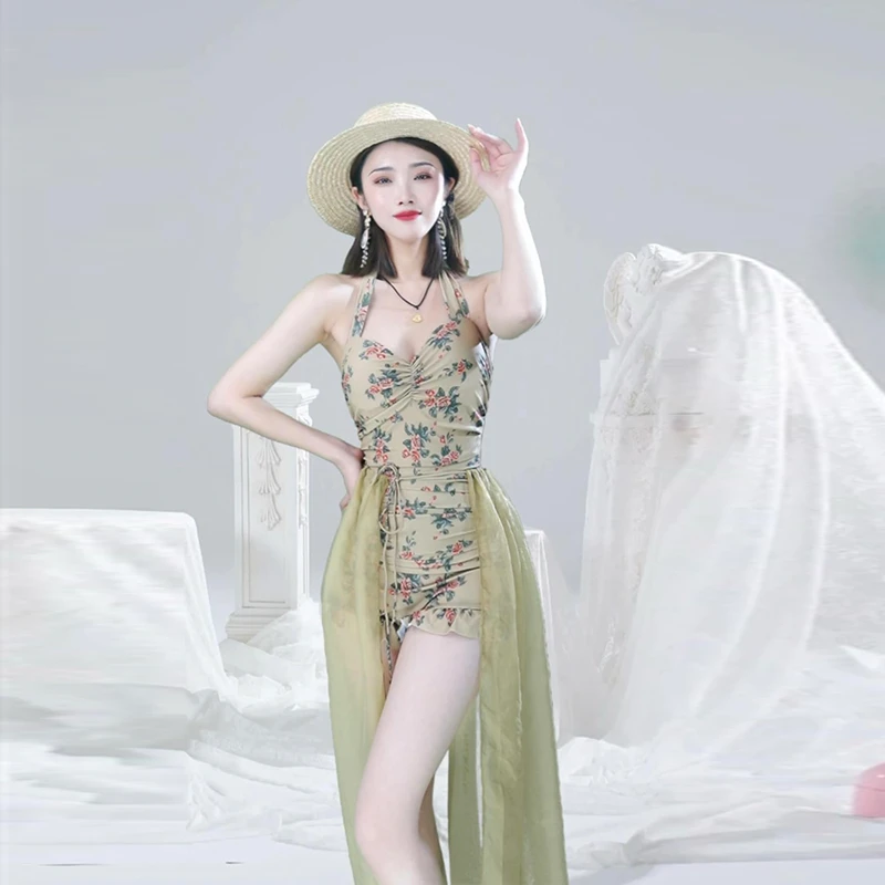 【绿野】显瘦泳装性感遮肚ins保守蕾丝大码长袖时尚小胸保守裙式