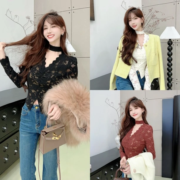 《娇嗲玫瑰》性感挂脖蕾丝V领打底衫（衣长46）（#8335秋冬