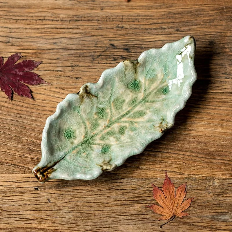 日本万古烧粗陶叶形长盘