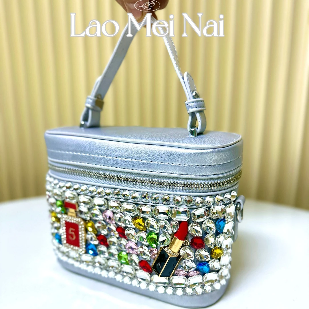 【SL】新款重工镶钻网红盒子包手提化妆包名媛欧美气质单肩包斜挎包