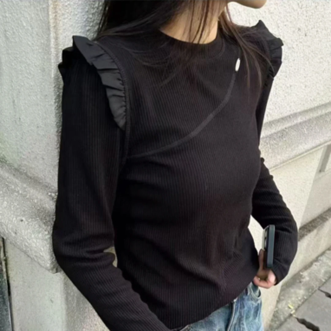 时尚木耳边拼接t恤女修身显瘦螺纹棉打底衫洋气上衣