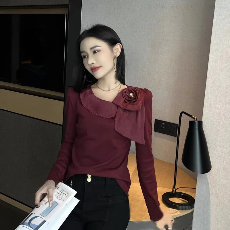 秋季新款弹力棉斜领长袖T恤设计感修身上衣