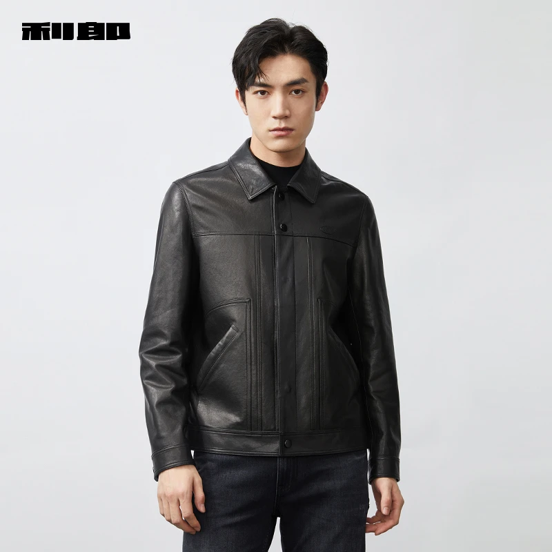 【绵羊皮】利郎奥莱皮衣男秋季商务休闲短款黑色翻领皮夹克男士