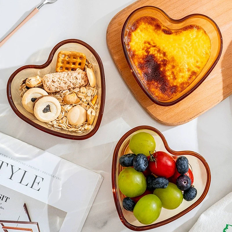 琥珀色双耳玻璃心形碗家用早餐碗酸奶麦片碗蒸蛋甜品碗耐热耐高温