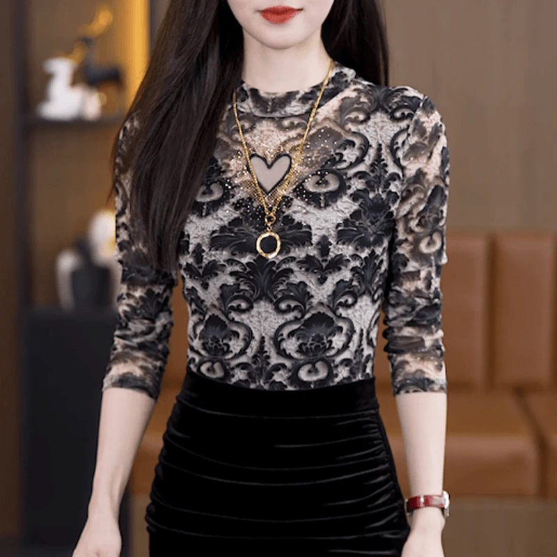 早秋显瘦新款圆领长袖t恤打底衫新中式洋气减龄百搭衣服上衣时尚