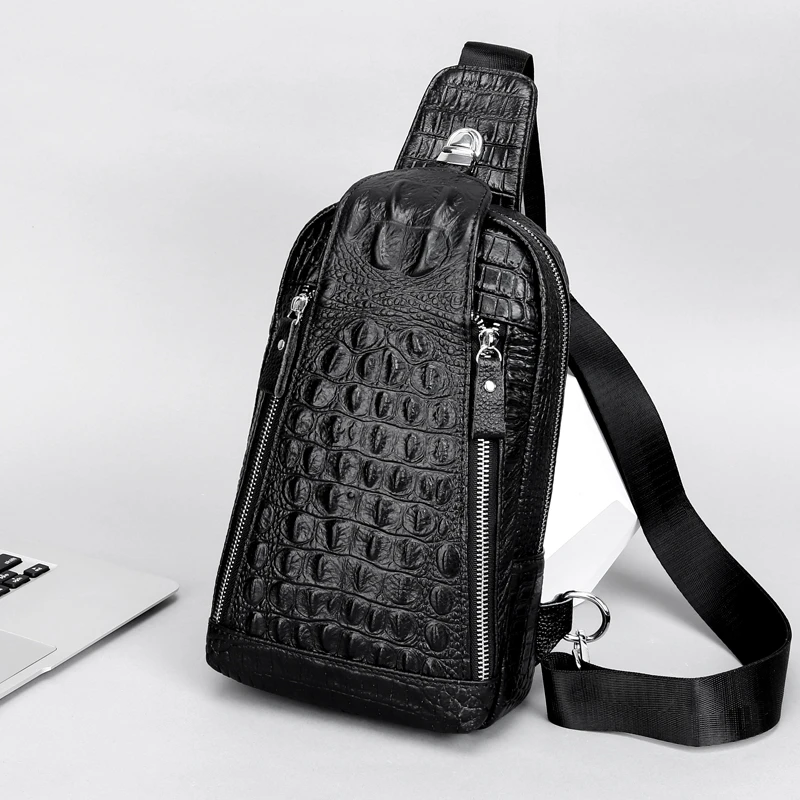 【梵音优选】高档头层牛皮鳄鱼纹男士胸包2023新款商务单肩斜挎包