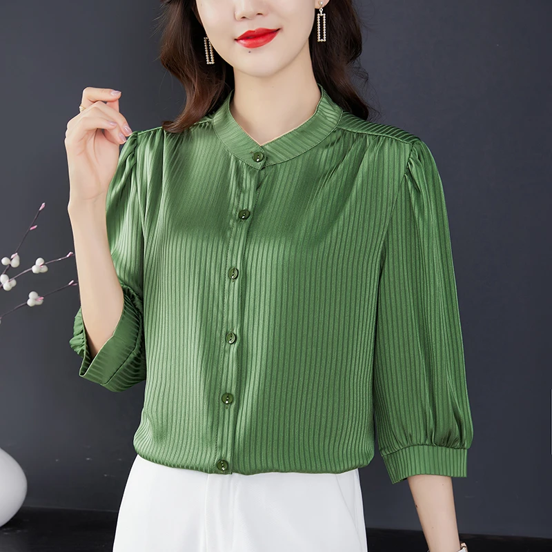 缎面条纹衬衫女短袖条纹衬衣2025春夏季新款七分袖上衣高档洋气