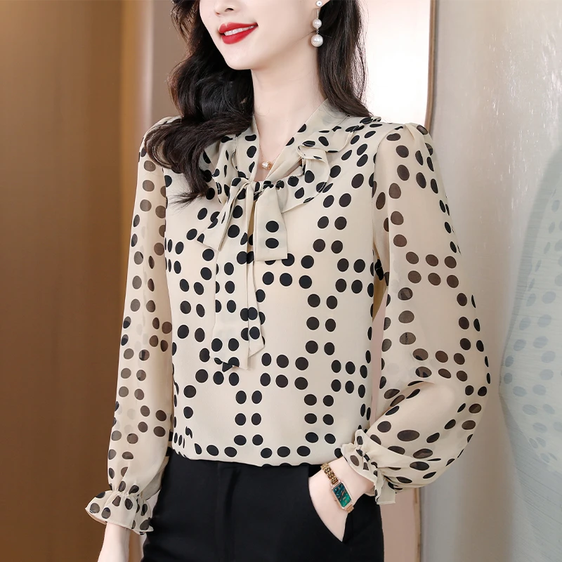 春夏季新款洋气花色荷叶边减龄波点飘带百搭印花气质上衣女装