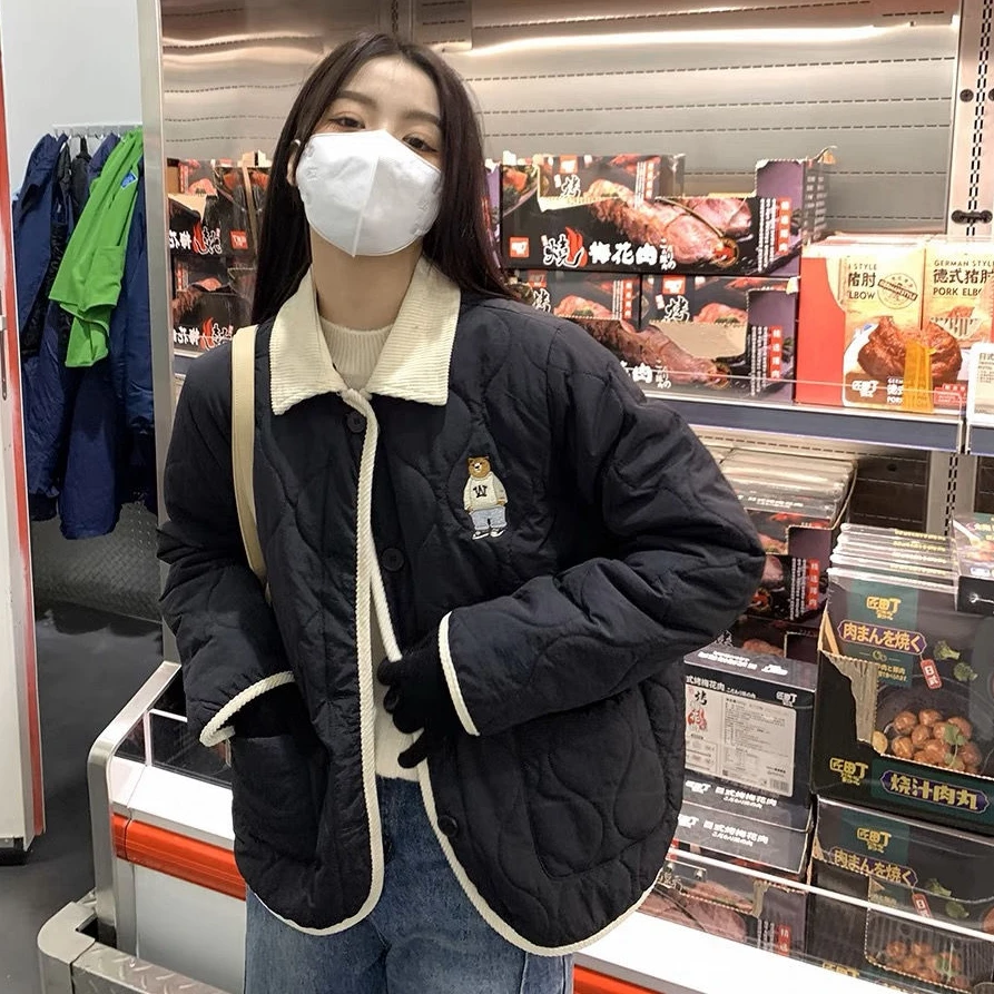 复古小熊刺绣撞色包边棉服男女冬季时尚菱格宽松加厚翻领外套