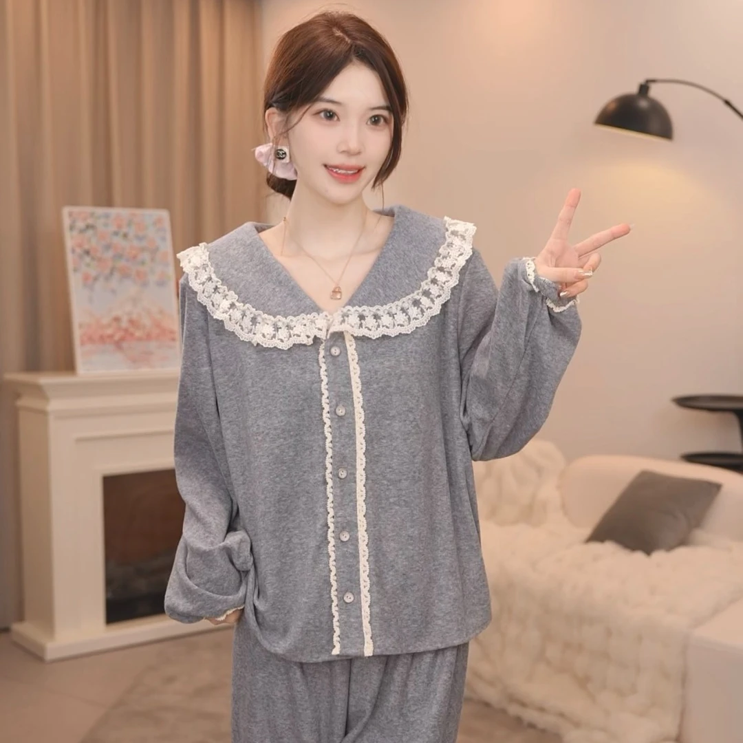 板栗小姐【冰川】新软糯高级灰花边袖长袖两件套家居服