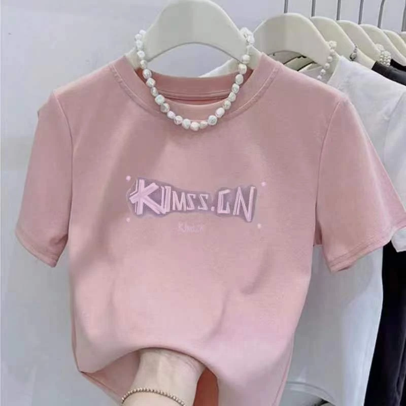 圆领短袖t恤女夏季新款时尚简约字母修身显瘦小个子印花上衣潮