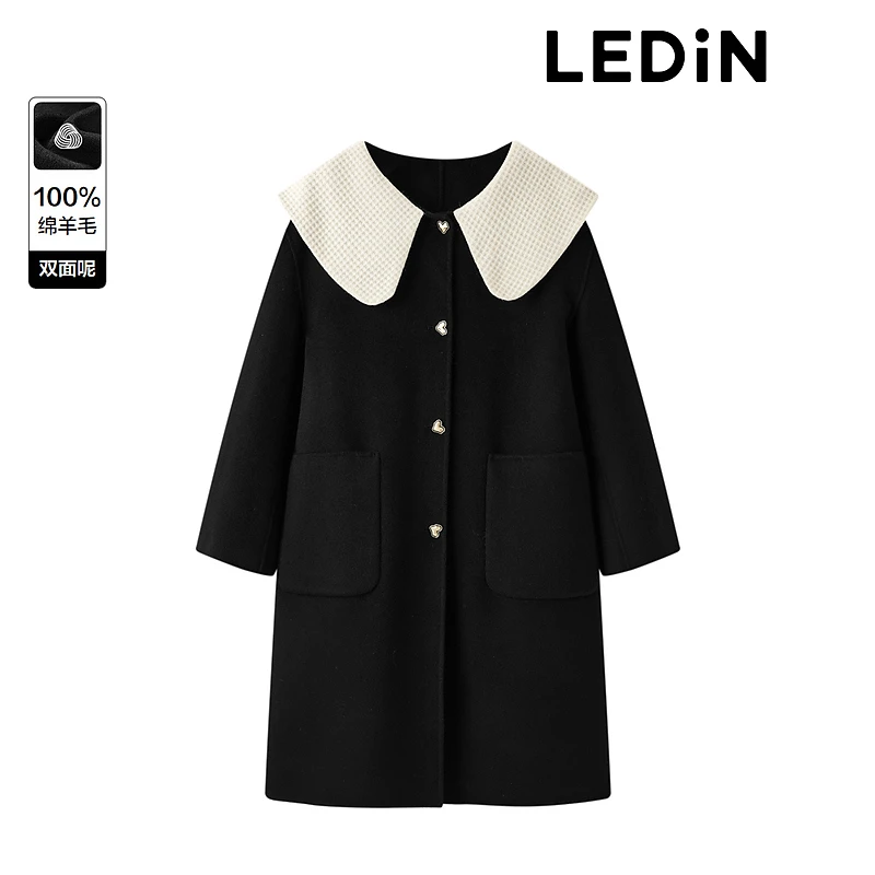 乐町娃娃领后背系带毛呢大衣甜美黑色外套C1AAD4240