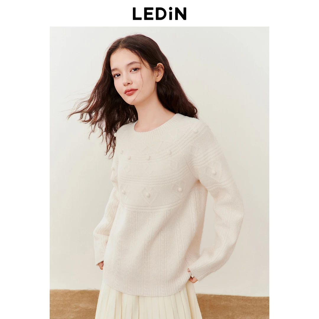 乐町重工绞花线套衫女冬季新款针织宽松毛衫圆领套头毛衣