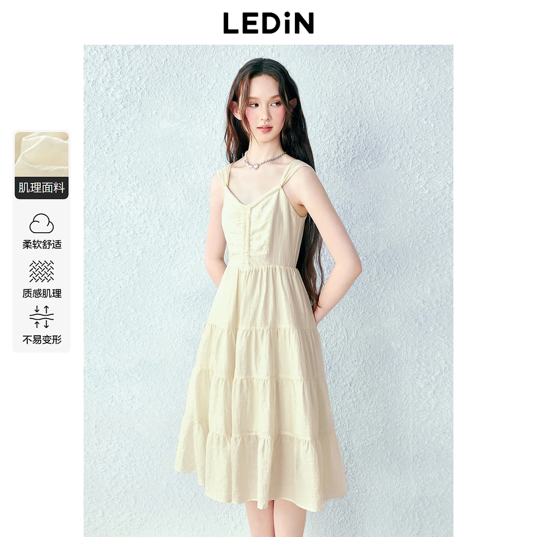 乐町少女感蝴蝶结吊带长裙夏重工大裙摆V领收腰连衣裙