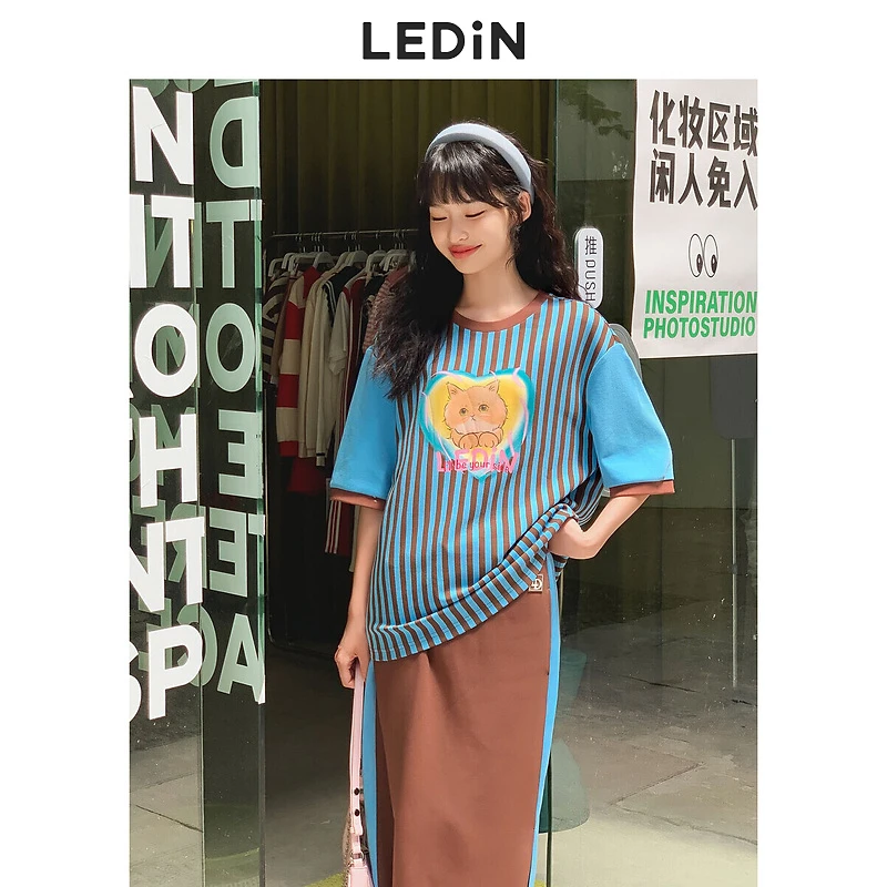 乐町条纹短袖T恤早秋新款猫咪上衣女