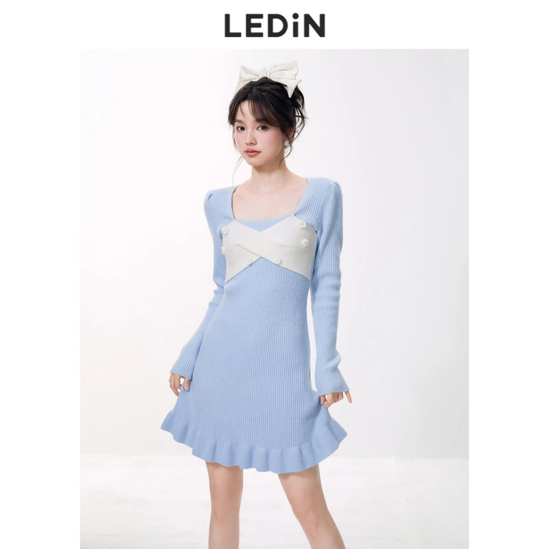 乐町纯欲线衫连衣裙秋冬新款女装裙子撞色长袖氛围甜美针织裙气质