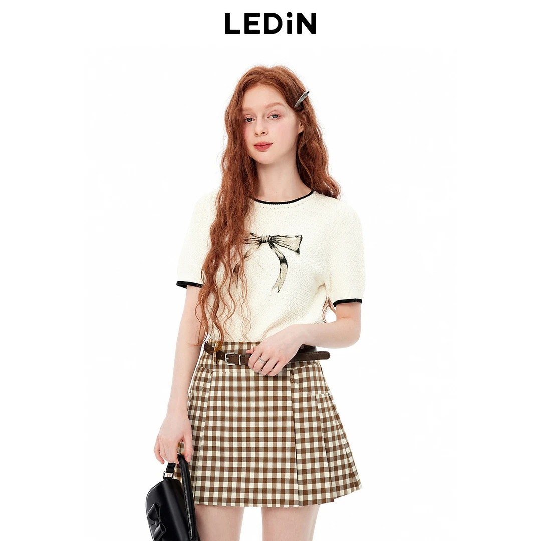 【商场同款】乐町秋季新款圆领蝴蝶结线套衫针织短袖C1EEE3102