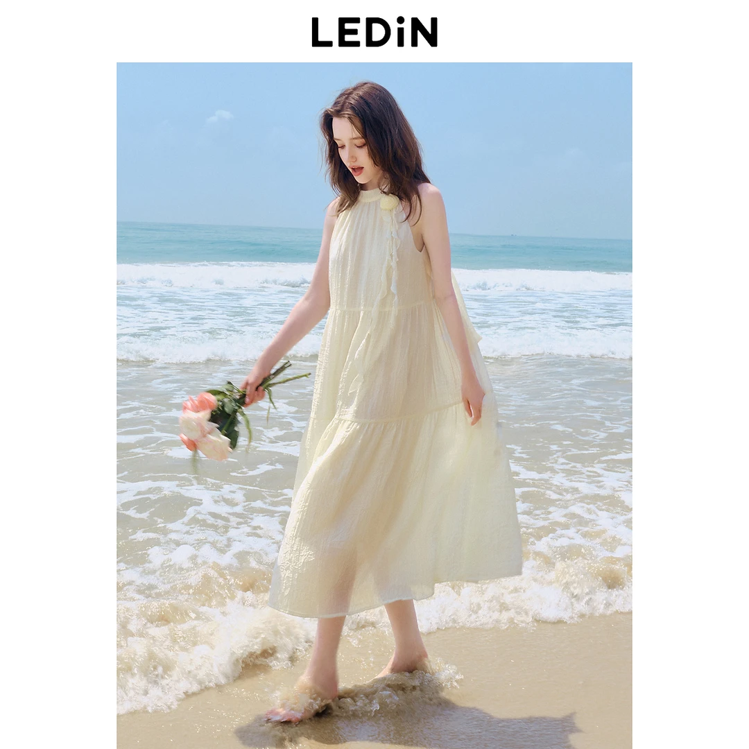 【山茶少女】乐町山茶少女连衣裙夏季新款收腰度假风飘带连衣裙