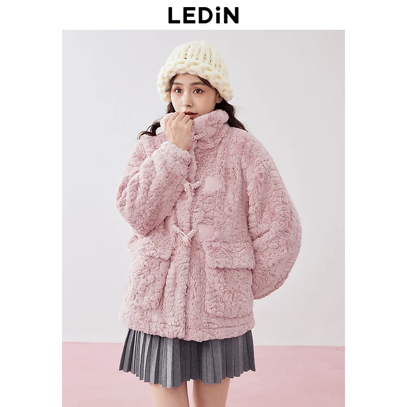 乐町日系甜美软萌少女风毛毛外套冬季新款牛角扣毛呢上衣女保暖